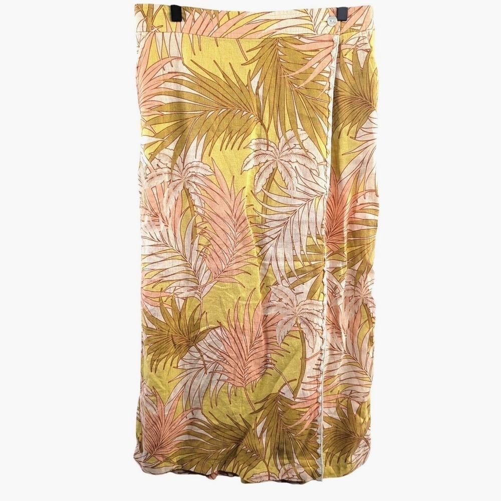 Tahari Womens 100% Linen Flax Floral Midi Wrap Skirt sz M Multicolor Tropical
